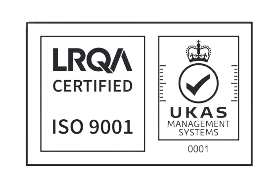 ISO 9001 LRQA certified quality management system with UKAS accreditation.